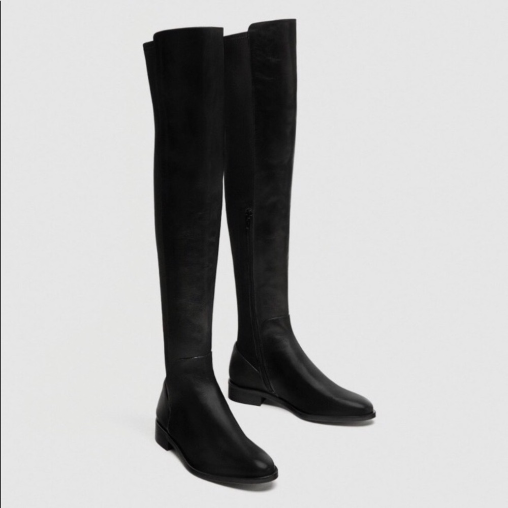 Zara Women Flat over the knee leather boots sz 39